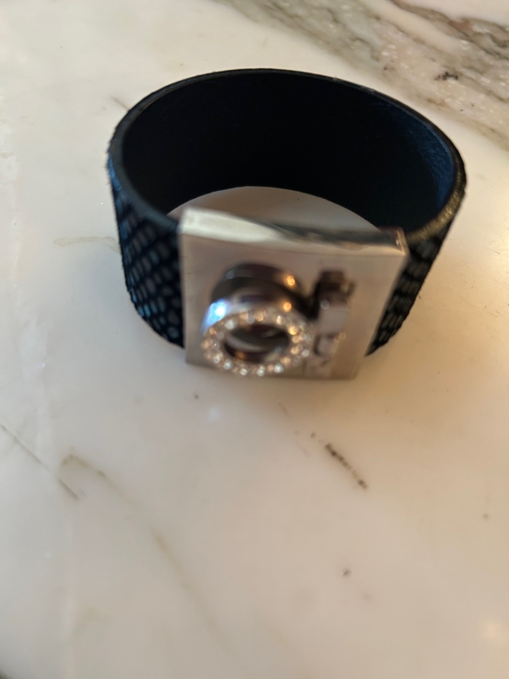 Black Leather Wide Bracelet with Silver Crystal Accent, 7”length.